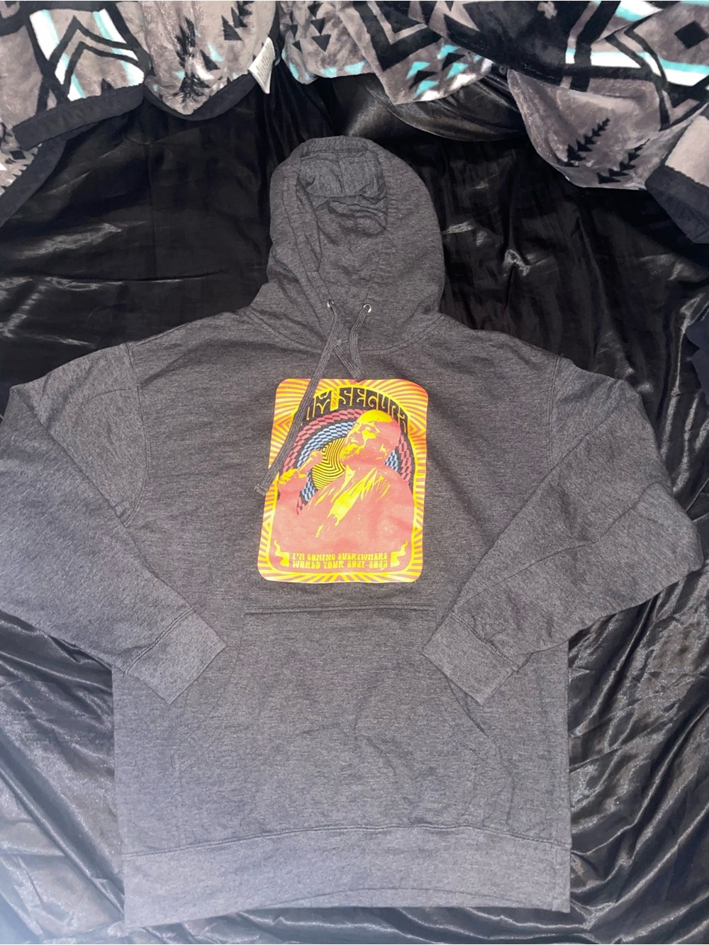 Charcoal Hooded Pullover with Retro Neon Graphic